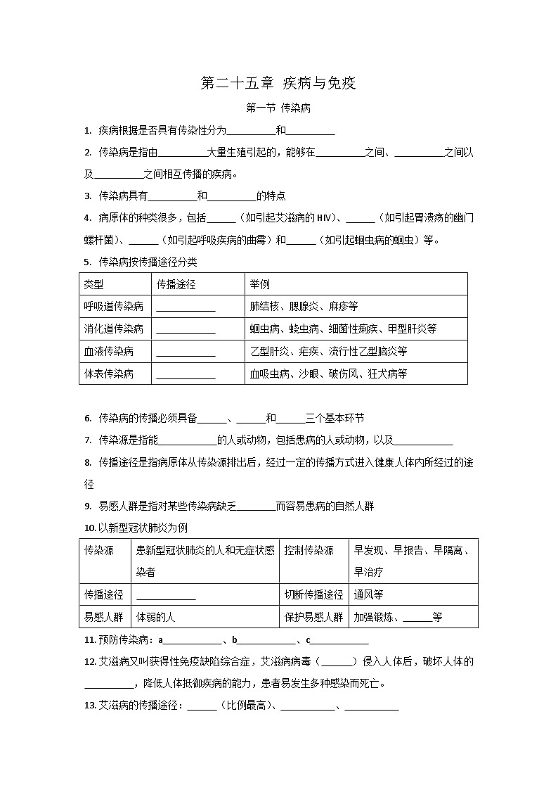 第二十五章 疾病与免疫——【期末复习】八年级生物下册章节知识点梳理（苏教版八下）01