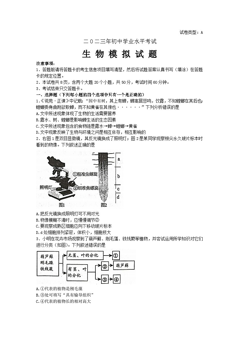 2023年山东省泰安市肥城市初中学业水平考试生物模拟试题（含答案）第1页