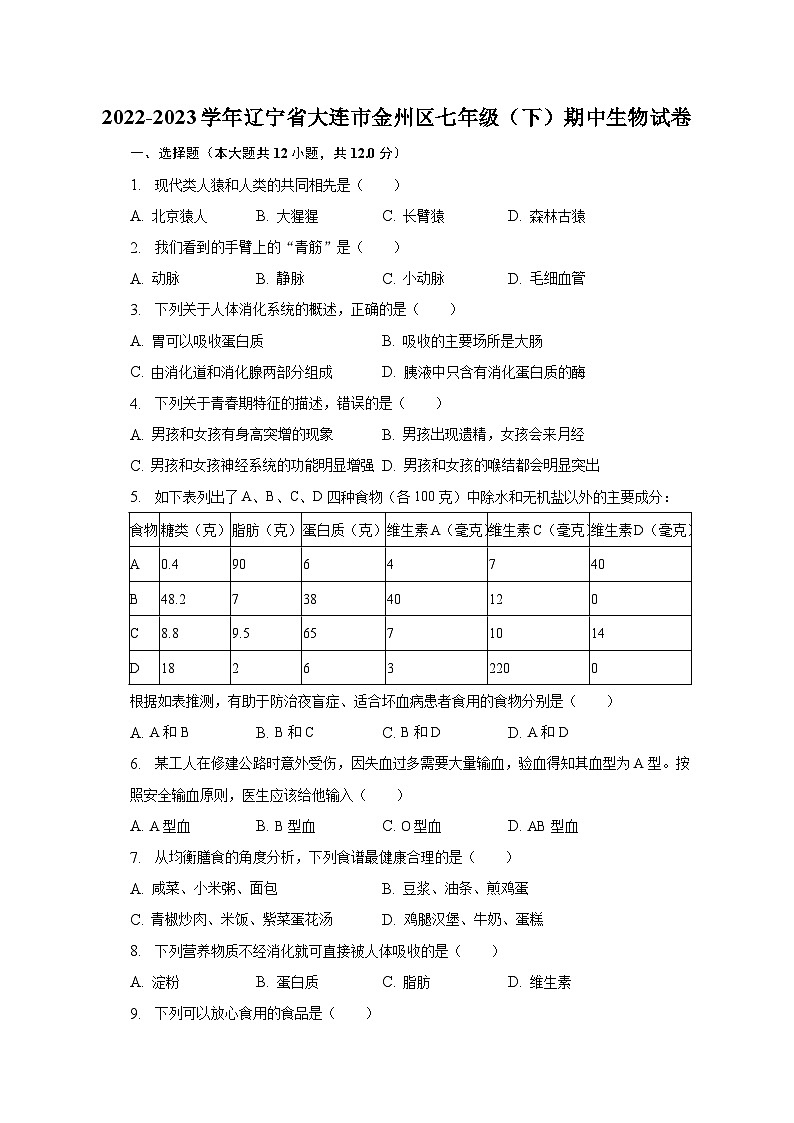 2022-2023学年辽宁省大连市金州区七年级（下）期中生物试卷（含解析）01