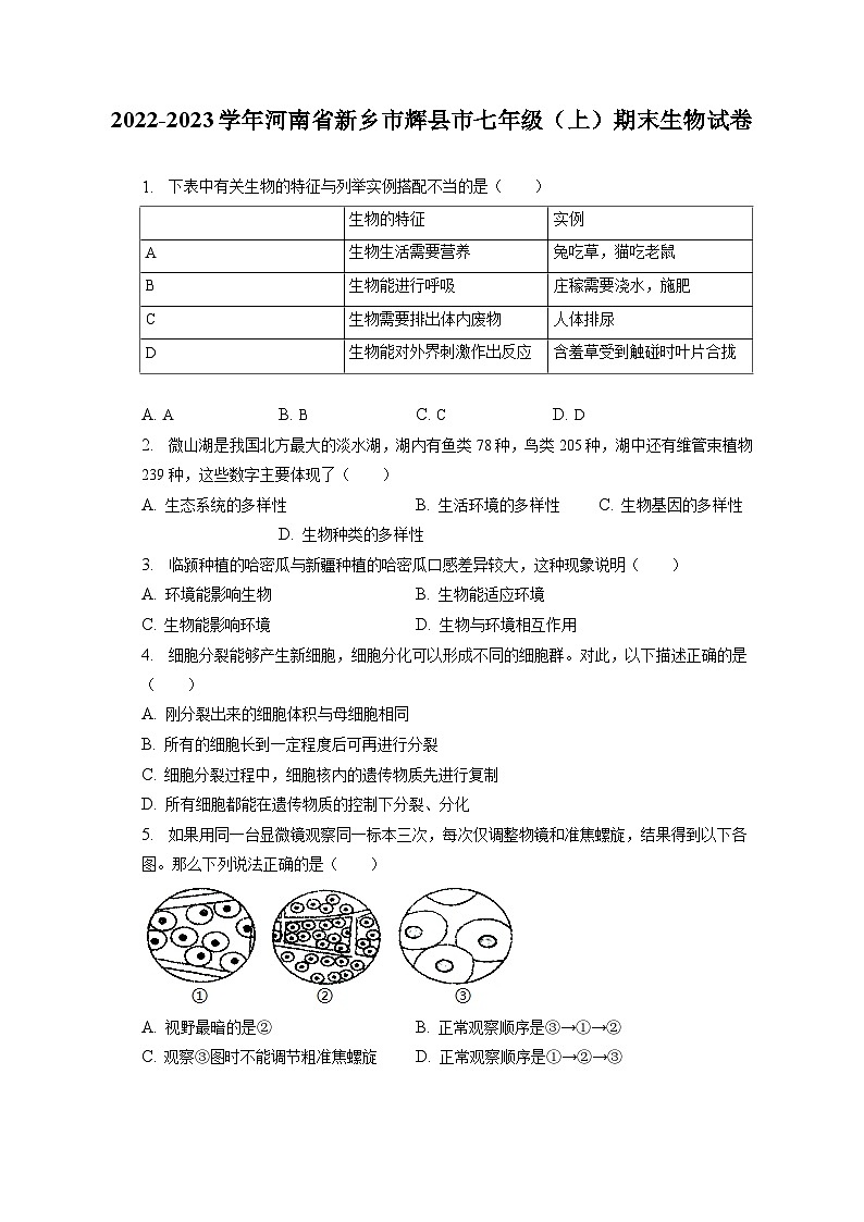 2022-2023学年河南省新乡市辉县市七年级（上）期末生物试卷（含解析）01