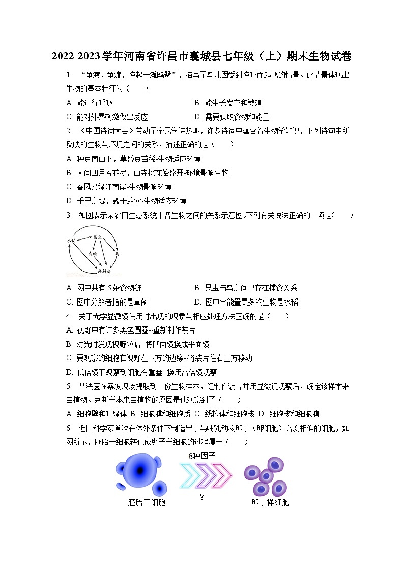 2022-2023学年河南省许昌市襄城县七年级（上）期末生物试卷（含解析）第1页
