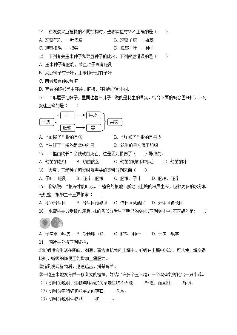 2022-2023学年河南省驻马店市确山县七年级（上）期末生物试卷（含解析）第3页