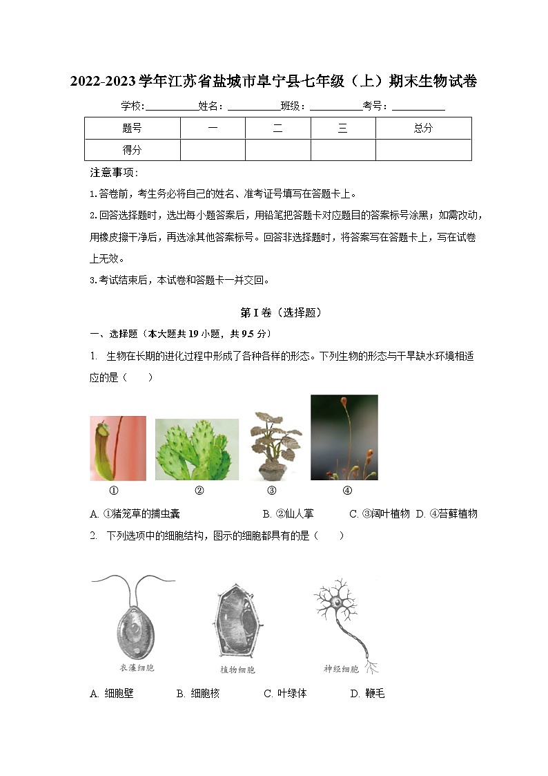 2022-2023学年江苏省盐城市阜宁县七年级（上）期末生物试卷（含解析）01