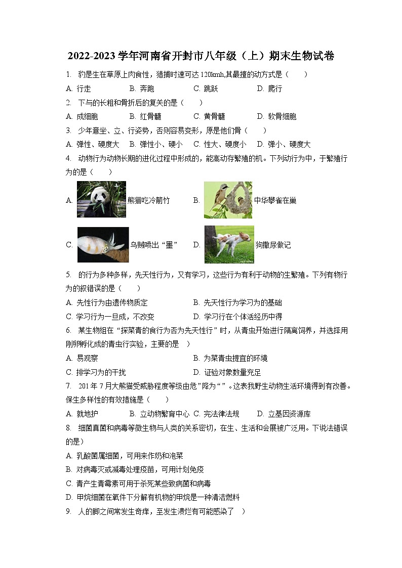 2022-2023学年河南省开封市八年级（上）期末生物试卷（含解析）01