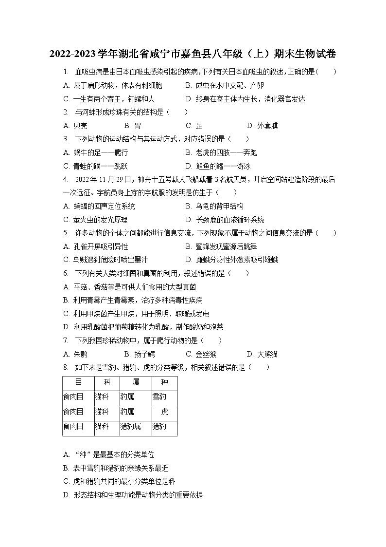 2022-2023学年湖北省咸宁市嘉鱼县八年级（上）期末生物试卷（含解析）第1页
