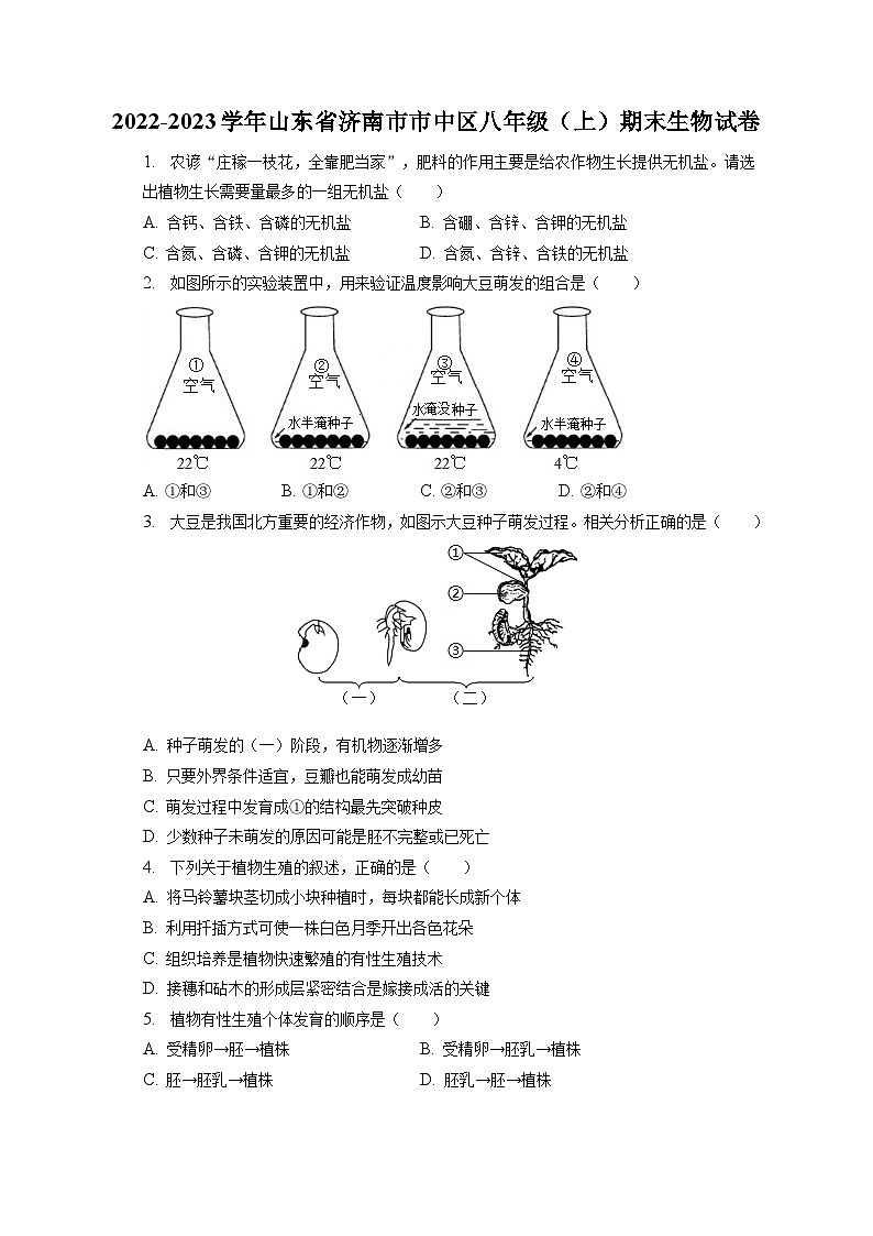 2022-2023学年山东省济南市市中区八年级（上）期末生物试卷（含解析）01