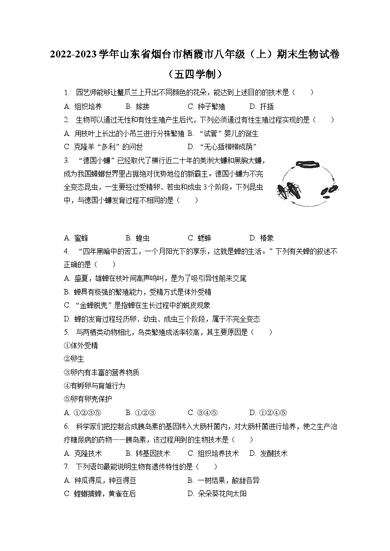 2022-2023学年山东省烟台市栖霞市八年级（上）期末生物试卷（五四学制）（含解析）第1页