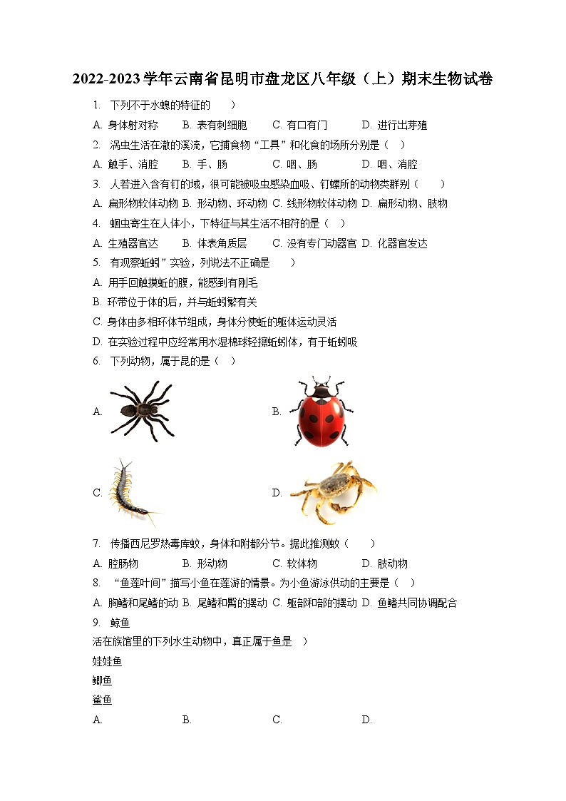 2022-2023学年云南省昆明市盘龙区八年级（上）期末生物试卷（含解析）第1页