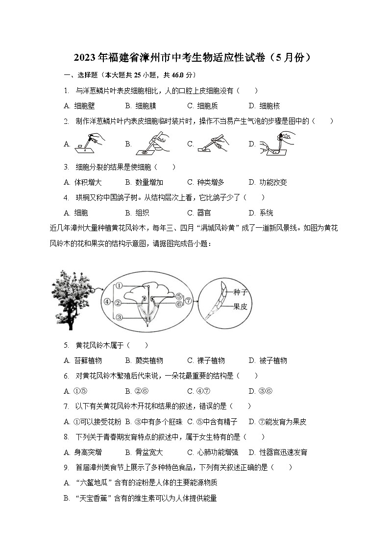 2023年福建省漳州市中考生物适应性试卷（5月份）（含解析）01