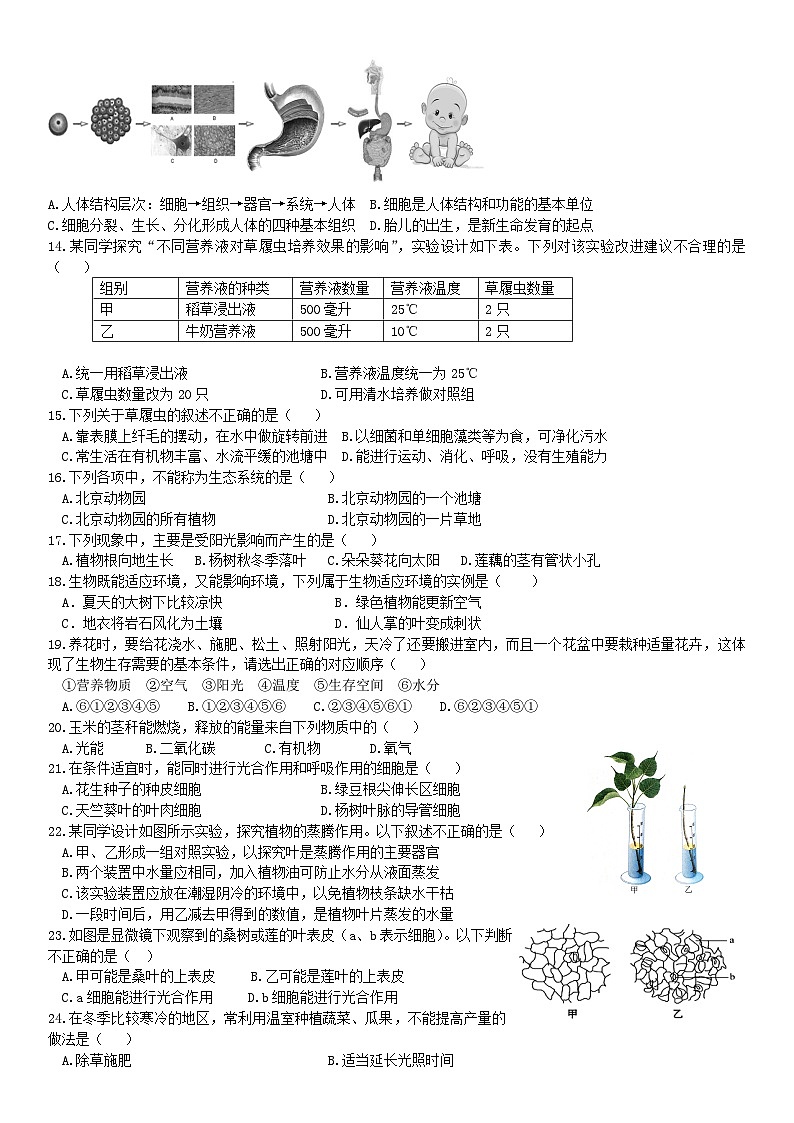 2018北京市海淀区初一（上）期末生物含答案 试卷02
