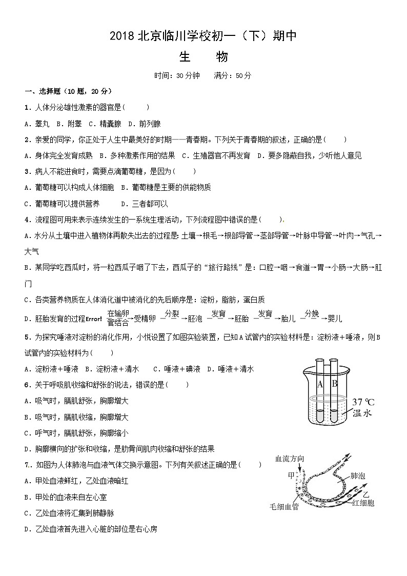 2018北京临川学校初一（下）期中生物含答案 试卷01