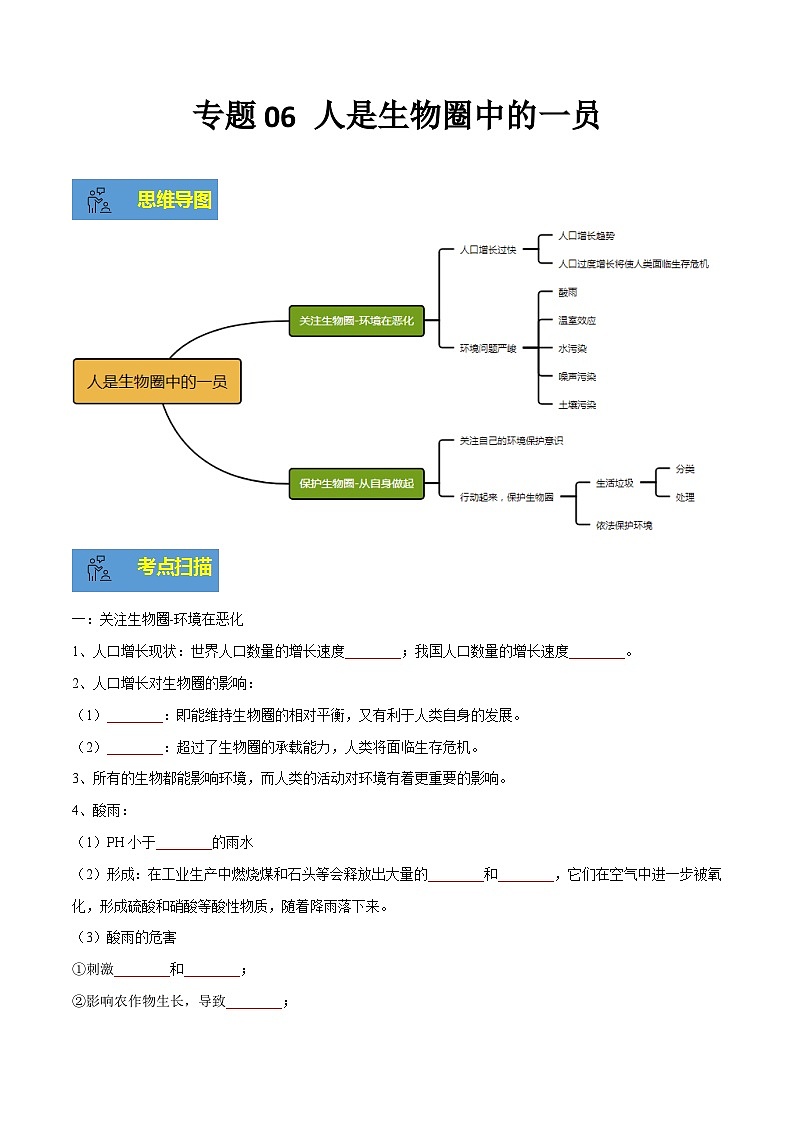 【期末总复习】2021-2022学年苏教版生物七年级下学期期末讲学案-专题06 人是生物圈中的一员（原卷版+解析版）01