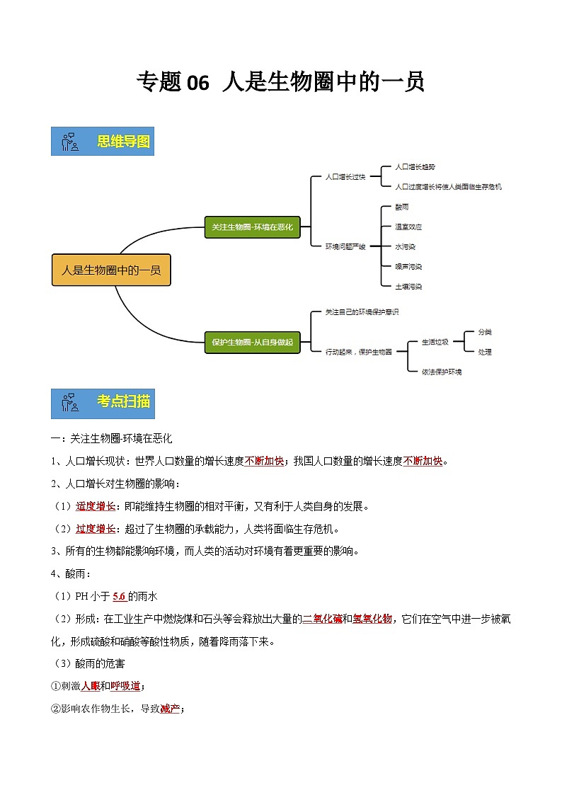 【期末总复习】2021-2022学年苏教版生物七年级下学期期末讲学案-专题06 人是生物圈中的一员（原卷版+解析版）01