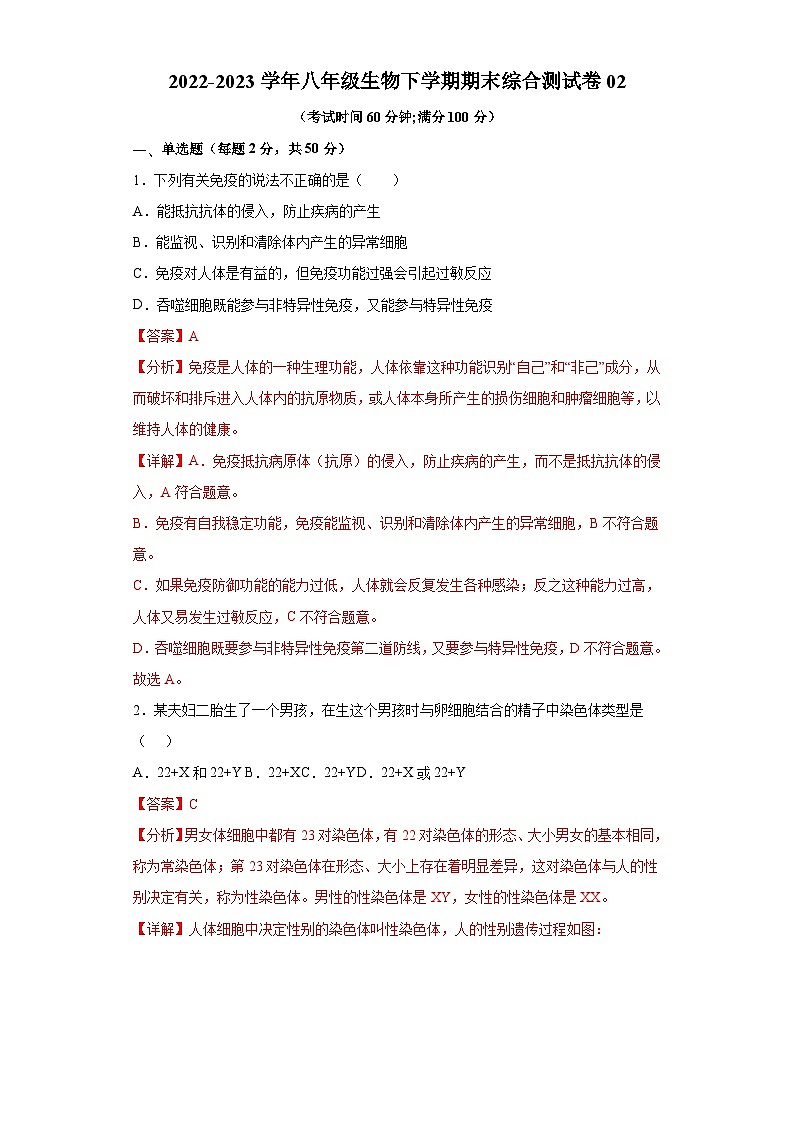 卷02-2022-2023学年人教版八年级生物下学期期末综合测试卷（原卷版+解析版）01