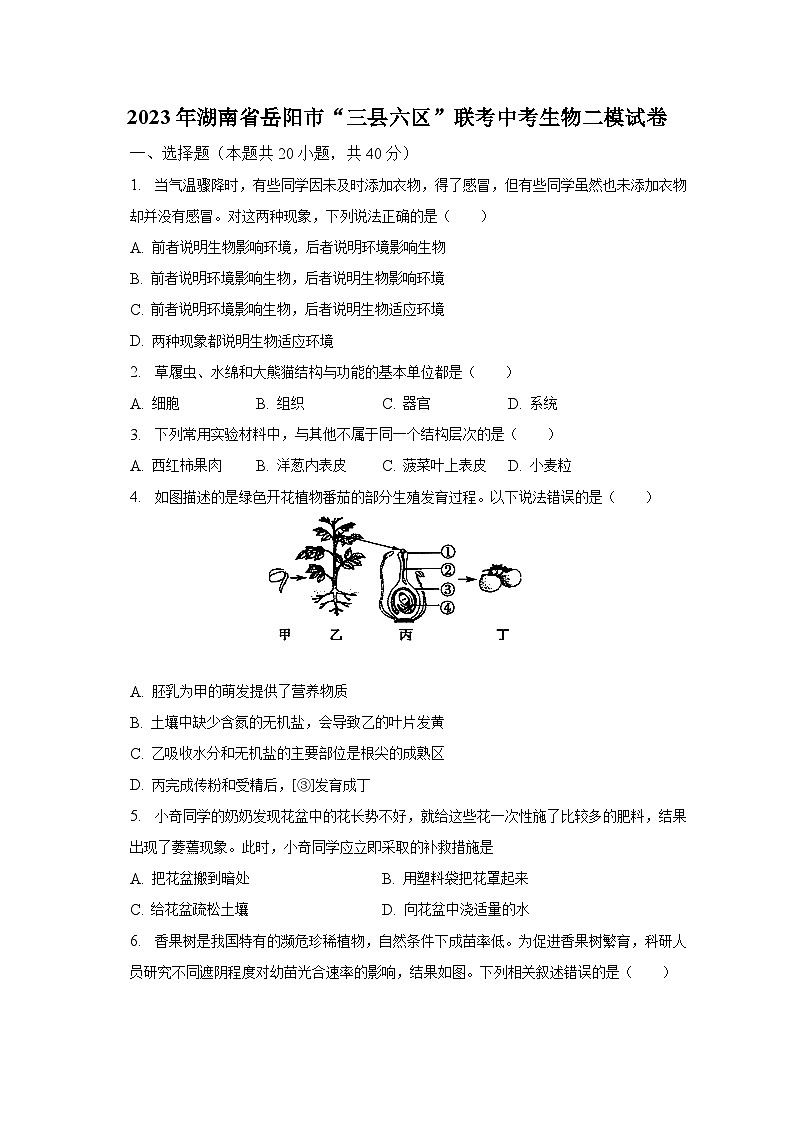 2023年湖南省岳阳市“三县六区”联考中考生物二模试卷（含解析）01