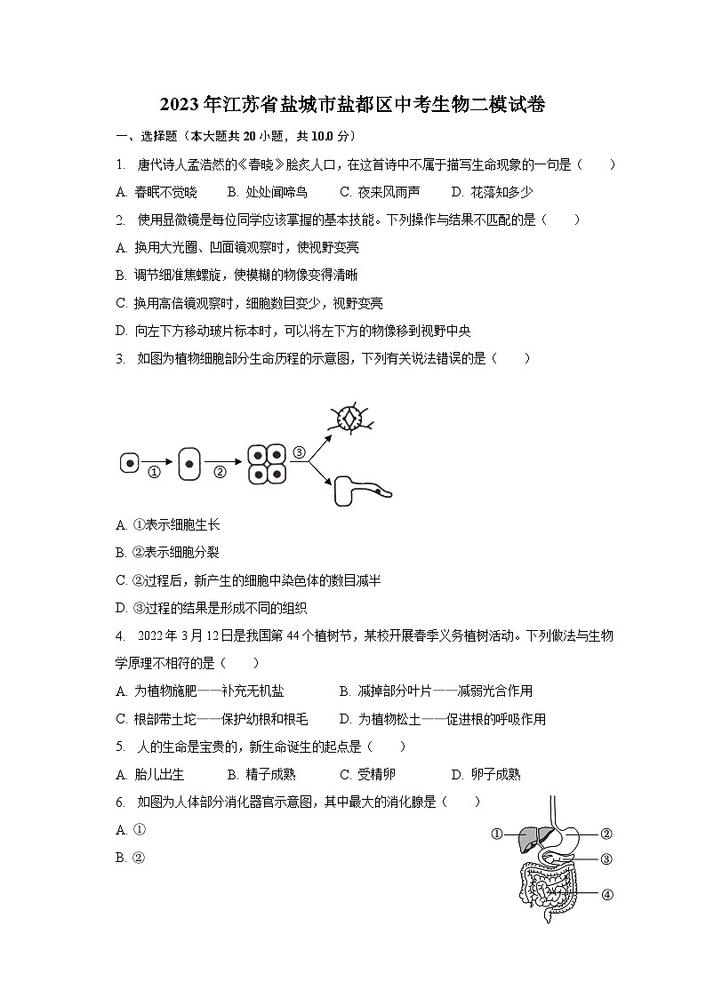 2023年江苏省盐城市盐都区中考生物二模试卷（含解析）01