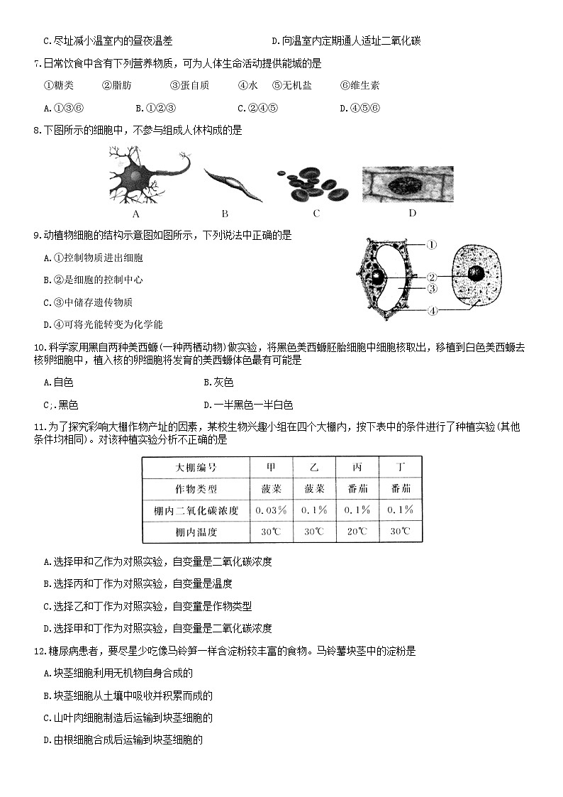 2019北京通州初一（上）期末生物 试卷02