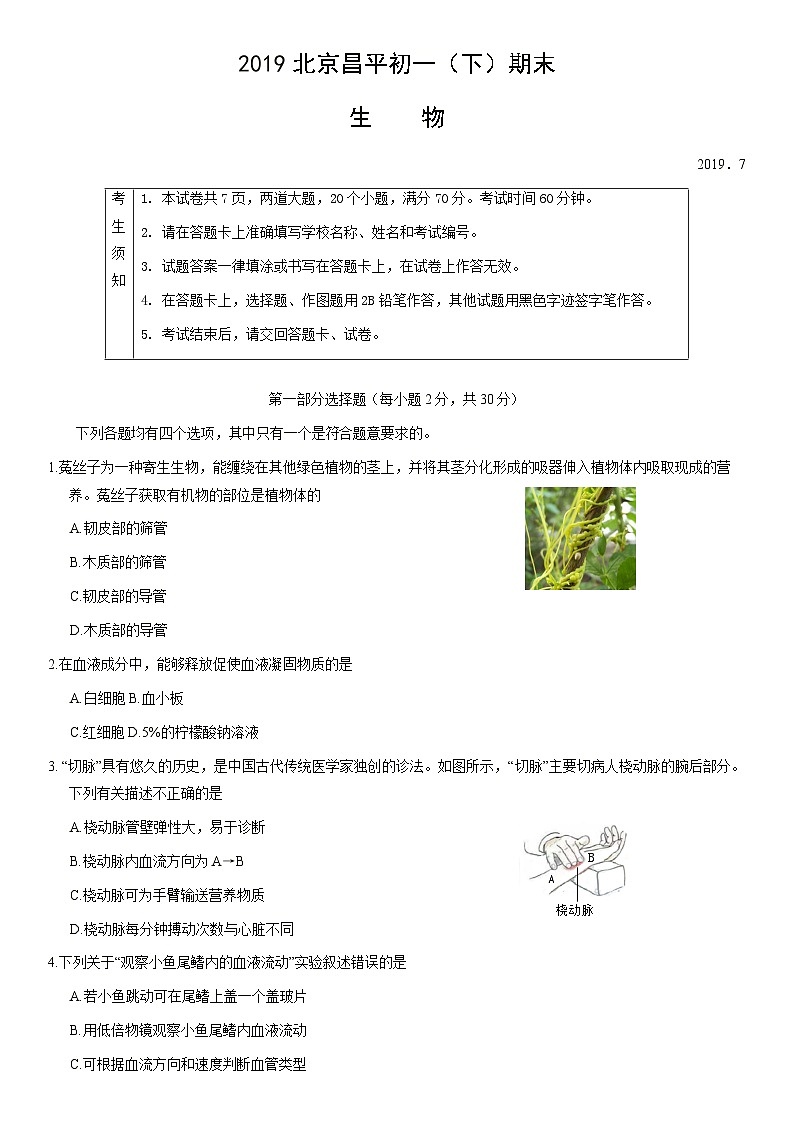 2019北京昌平初一（下）期末生物（教师版）第1页
