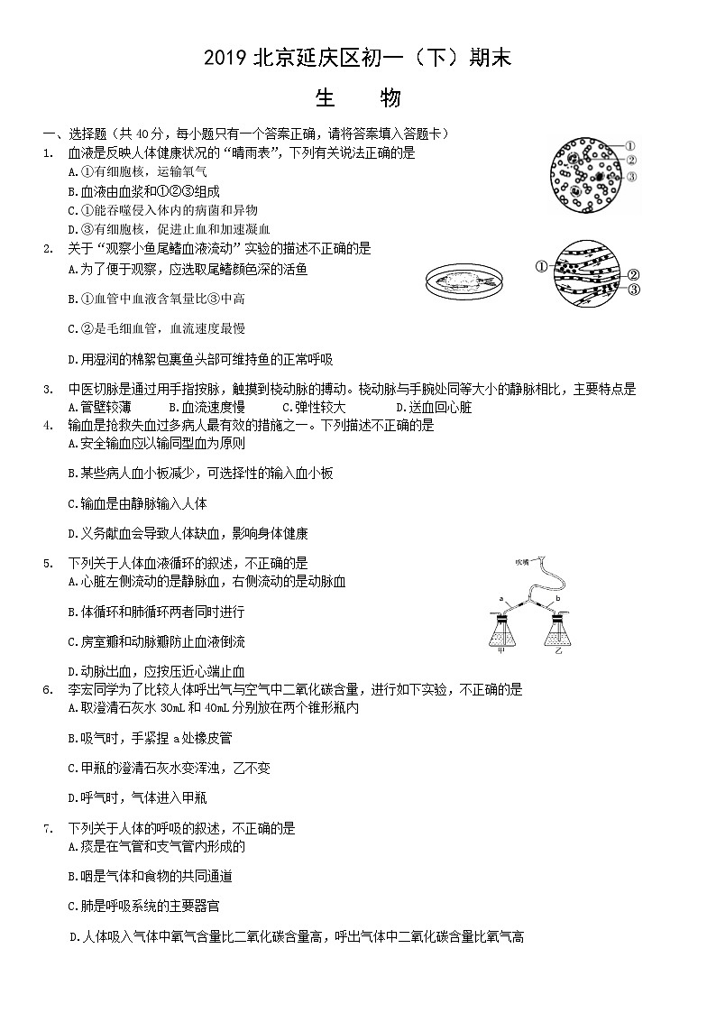 2019北京延庆区初一（下）期末生物含答案 试卷01