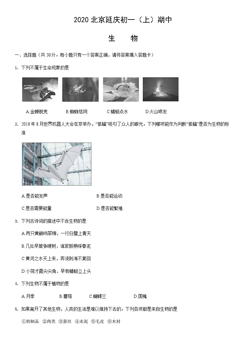 2020北京延庆初一（上）期中生物含答案第1页
