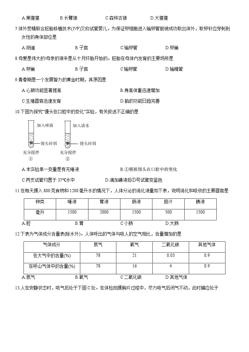 2020北京丰台初一（下）期末生物 试卷02