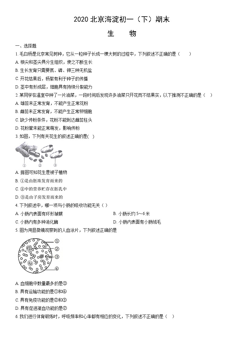 2020北京海淀初一（下）期末生物（教师版） 试卷01