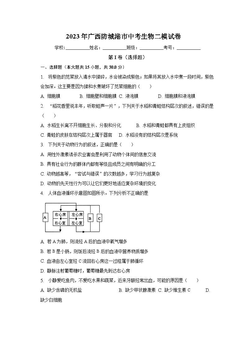 2023年广西防城港市中考生物二模试卷（含解析）01
