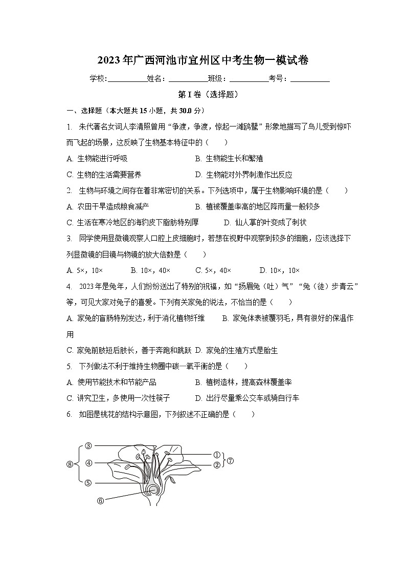 2023年广西河池市宜州区中考生物一模试卷（含解析）01