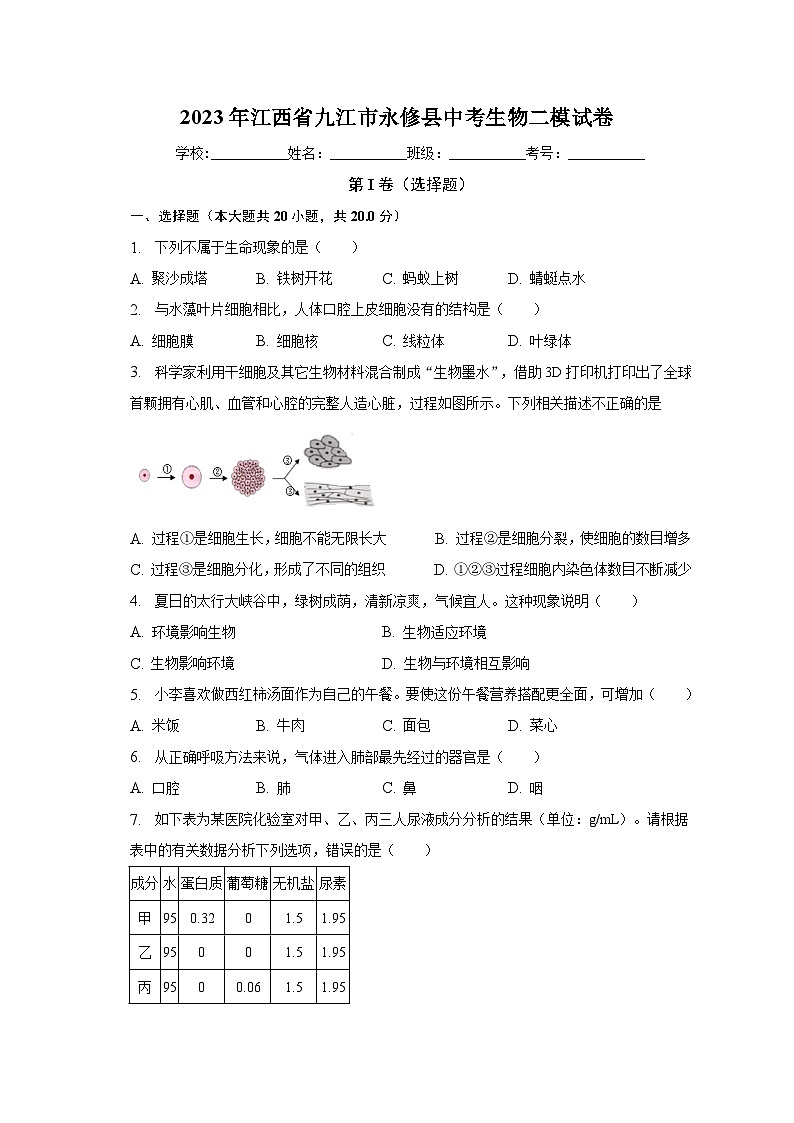 2023年江西省九江市永修县中考生物二模试卷（含解析）01