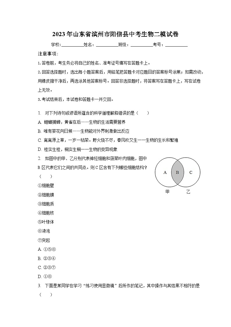 2023年山东省滨州市阳信县中考生物二模试卷（含解析）01