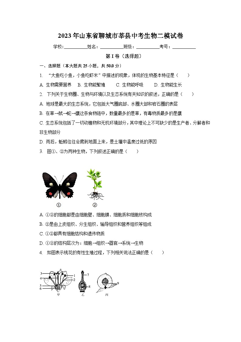 2023年山东省聊城市莘县中考生物二模试卷（含解析）01