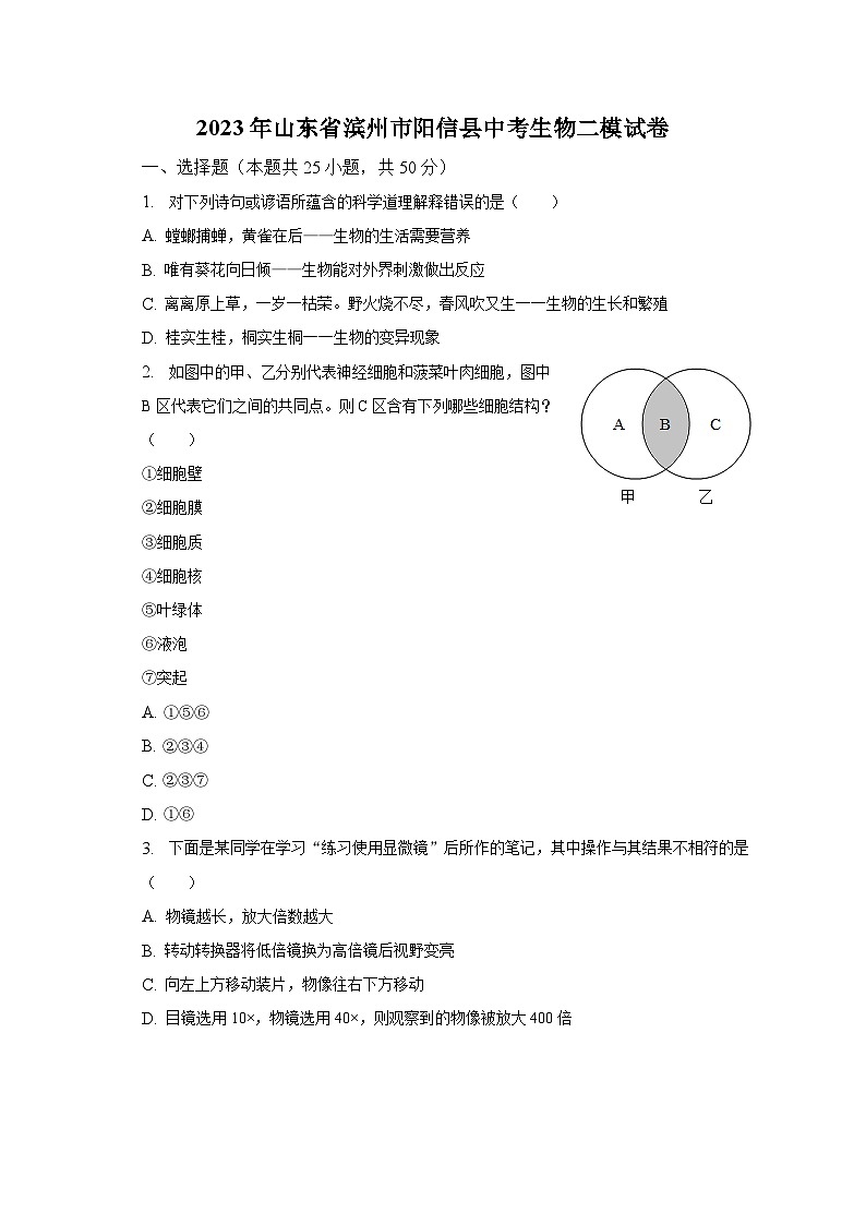 2023年山东省滨州市阳信县中考生物二模试卷（含解析）01