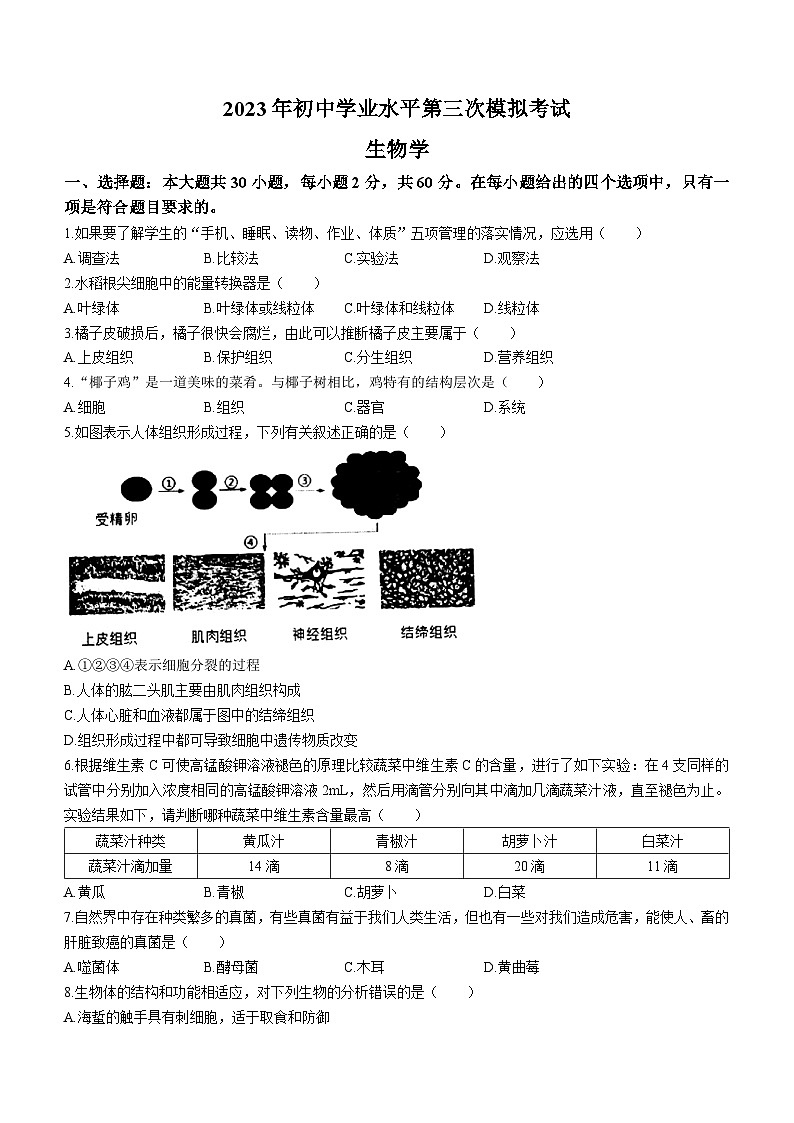 2023年广东省东莞市常平镇中考三模生物试题(含答案)第1页