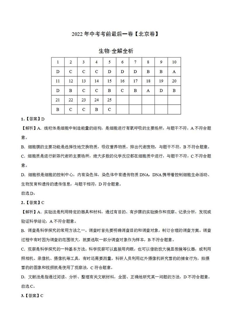 生物-（北京卷）2022年中考考前最后一卷（全解全析）01