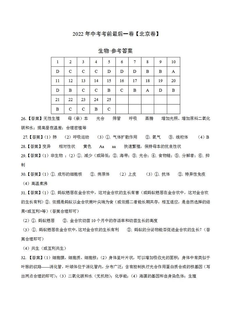 生物-（北京卷）2022年中考考前最后一卷（参考答案）01
