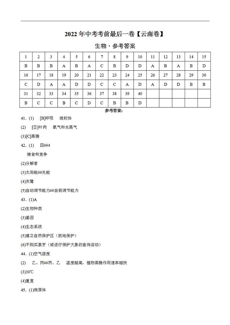 生物-（云南专用）2022年中考生物考前最后一卷（参考答案）第1页