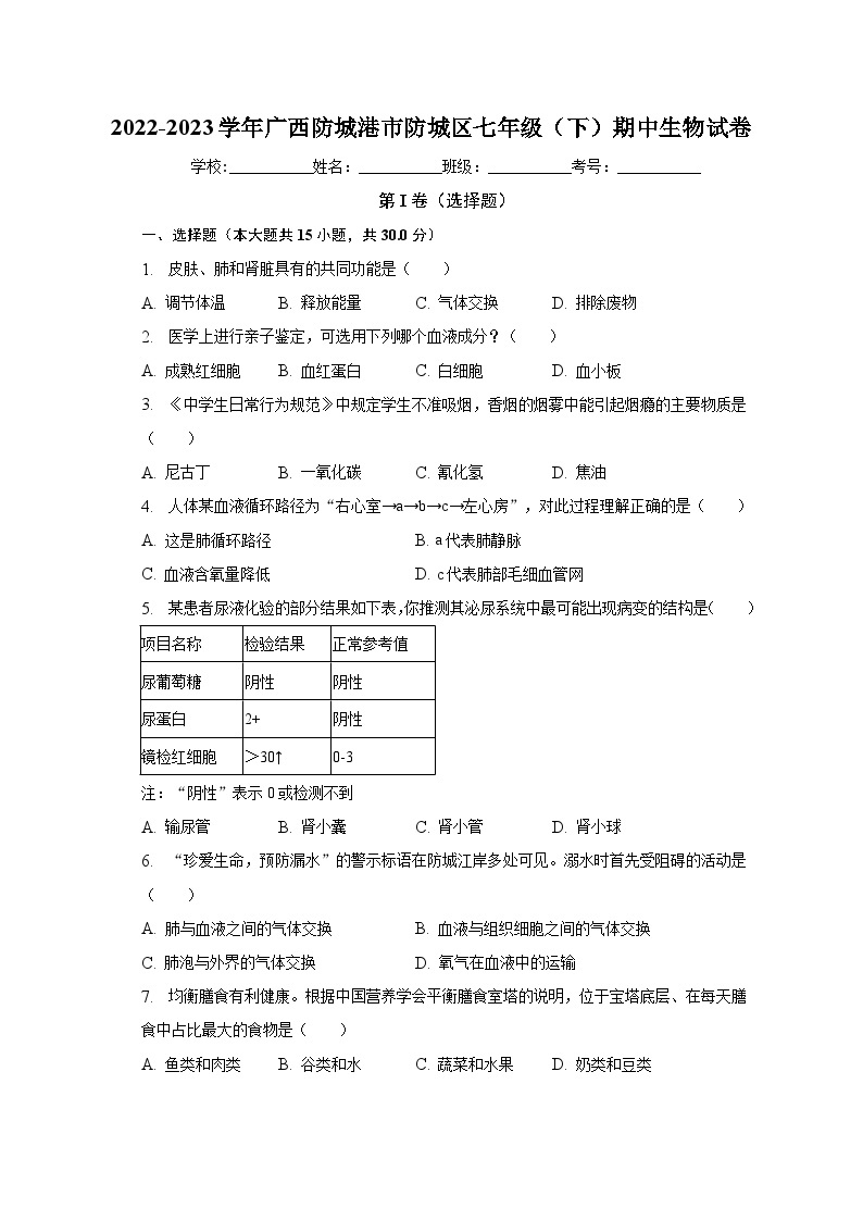 2022-2023学年广西防城港市防城区七年级（下）期中生物试卷（含解析）01