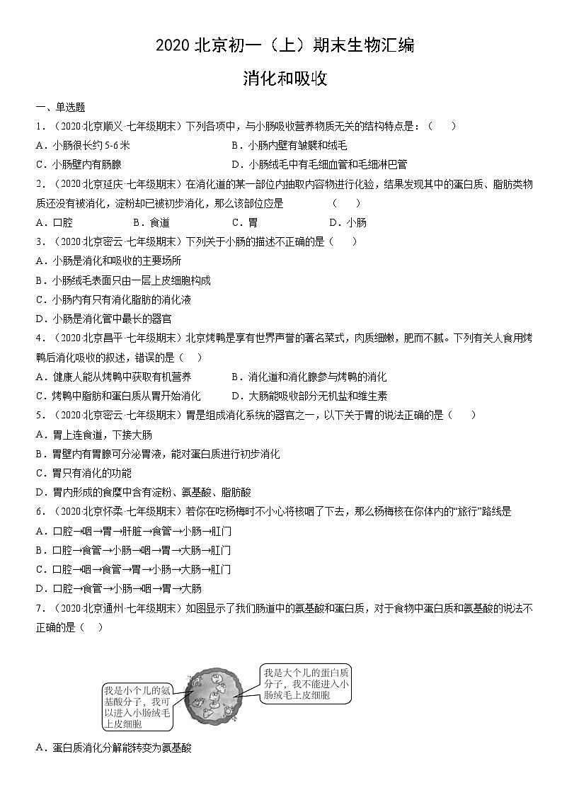 2020北京初一（上）期末生物汇编：消化和吸收第1页