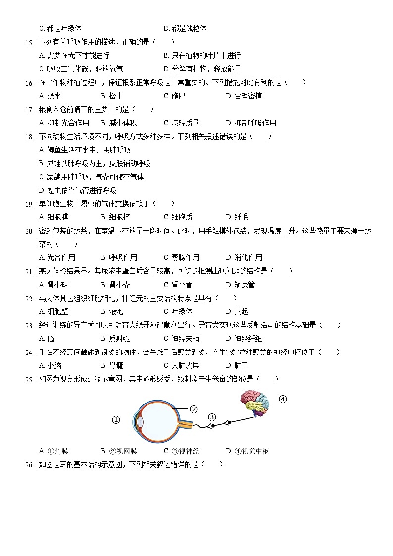 2021北京朝阳初一（下）期末生物（教师版） 试卷03