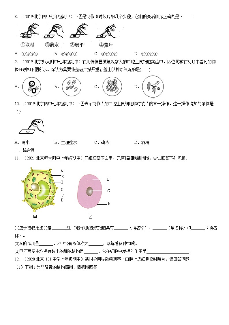 2017-2021北京重点校初一（上）期中生物汇编：动物细胞 试卷02