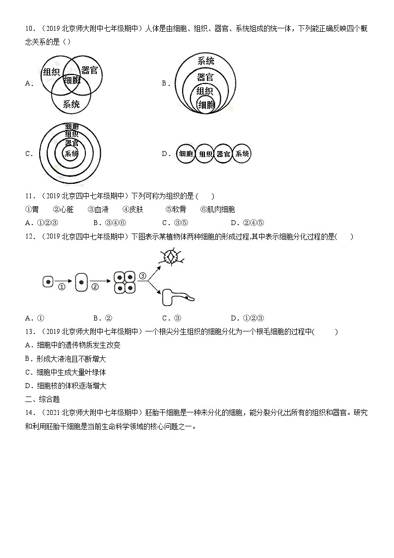 2019-2021北京重点校初一（上）期中生物汇编：动物体的结构层次 试卷02