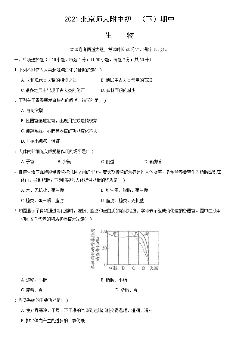 2021北京师大附中初一（下）期中生物（教师版）第1页