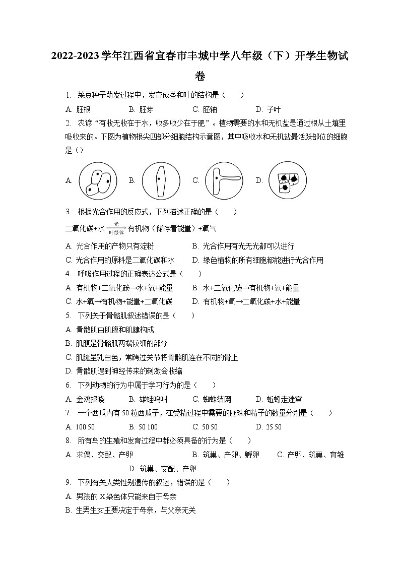 2022-2023学年江西省宜春市丰城中学八年级（下）开学生物试卷（含解析）第1页