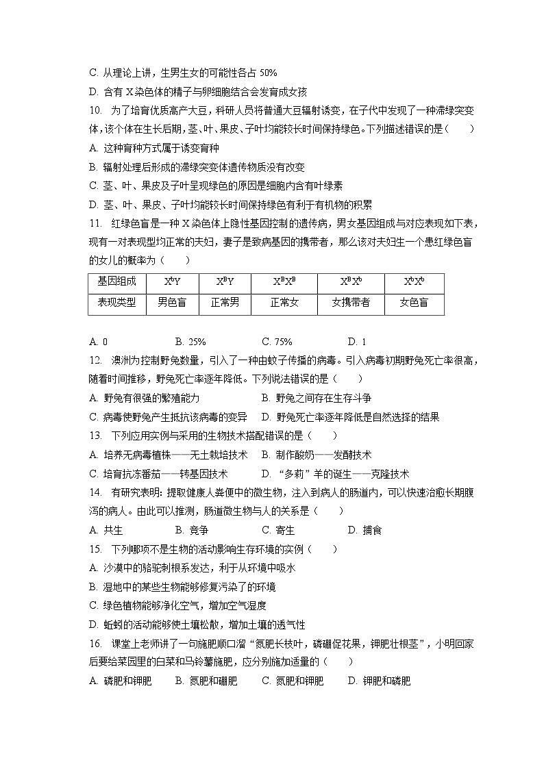 2022-2023学年江西省宜春市丰城中学八年级（下）开学生物试卷（含解析）第2页