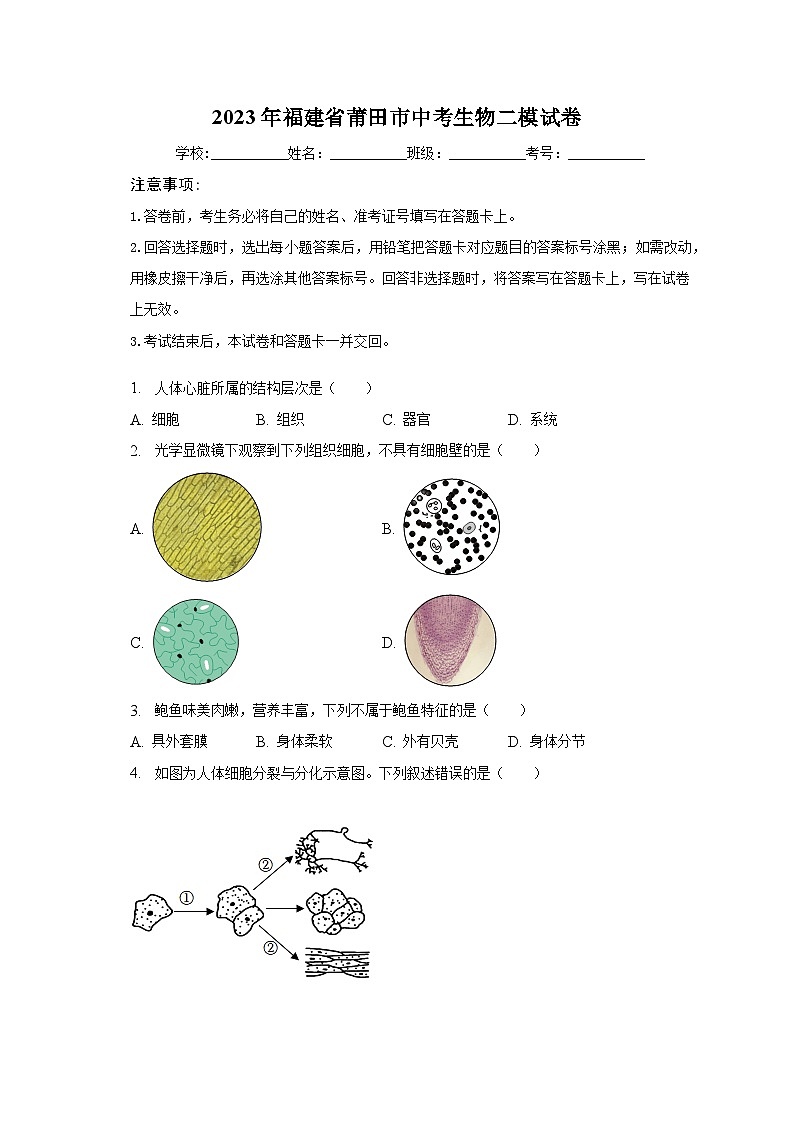 2023年福建省莆田市中考生物二模试卷（含解析）01