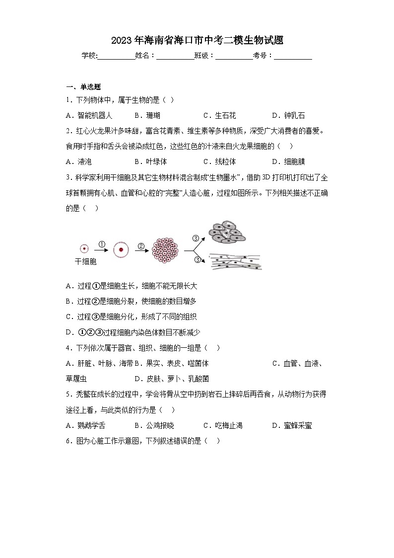2023年海南省海口市中考二模生物试题（含解析）01