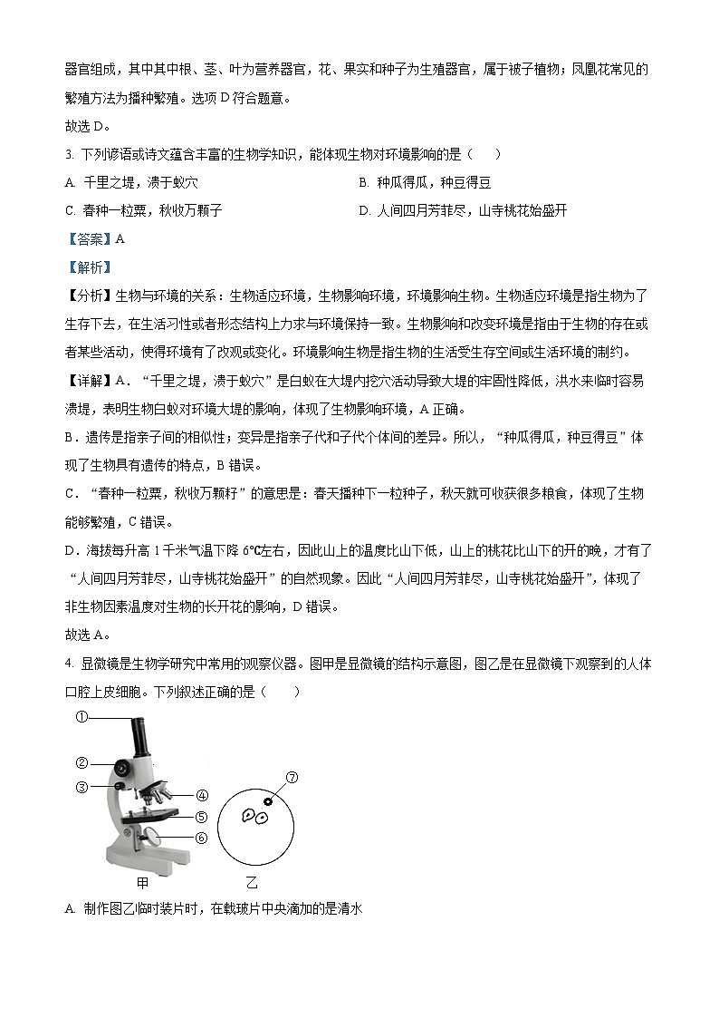 精品解析：2023年广东省（江城区）中考一模生物试题（解析版）02