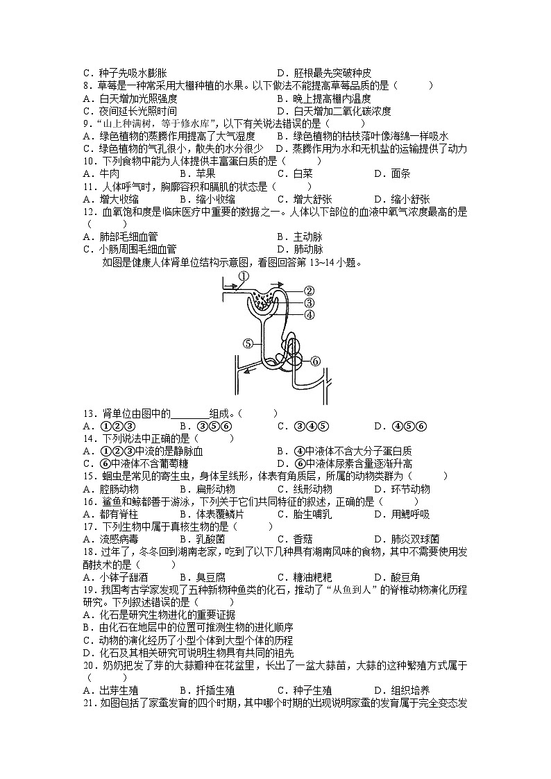 2023年湖南省长沙市初中学业水平考试适应性生物试题（二）02