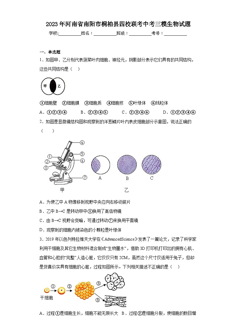 2023年河南省南阳市桐柏县四校联考中考三模生物试题(含答案)第1页