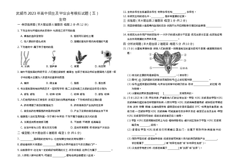 2023年甘肃省武威市高中招生及毕业会考模拟（五）生物试题(含答案)01